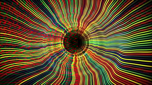 Colorful abstract tunnel with waves of bright psychedelic stripes and dark round space in a center
