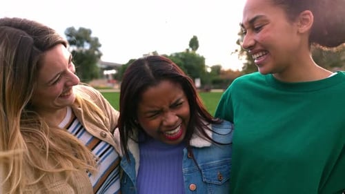 Millennial Group of Diverse Young Female Friends Laughing Together Outdoors