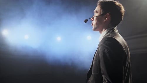 Speech of Business Man Employee at Business Conference for Office Workers Speaker Talks to Audience