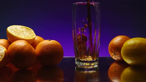 Soda Being Poured Into a Glass with Citrus Fruit