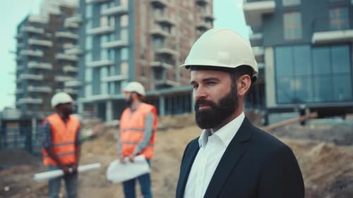 Vue rapprochée d'un bel homme d'affaires portant un casque de sécurité vérifiant le travail des constructeurs puis regardant