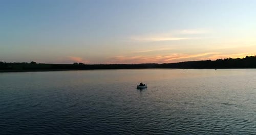 Boat on Lake at Sunset, Aerial View
