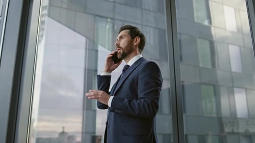Portrait Of Busy Middle-Aged Boss Speaking At Smartphone In Modern Office. Elegant Bearded Busine...