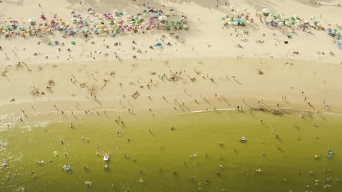 Aerial top view of beach with colorful umbrellas and people relaxing on a sunny day.
