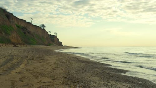 Aerial Sea Beach Paradise in Sunset Sky Horizon. Waves Crashing In