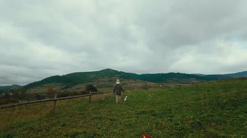 Young Woman Walking with Two Energetic Dogs Jack Russell Terrier and Beagle on a Scenic Mountain