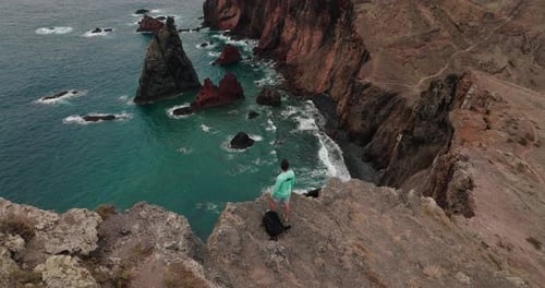 Aerial shot of a man standing on cliff edge above rugged coastline in Ponta de São Lourenço, Madeira