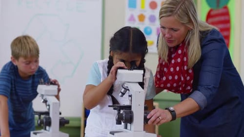Teacher assists student with microscope in elementary school science classroom