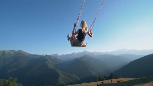 Jeune femme monte une balançoire sur une falaise sur une pente,