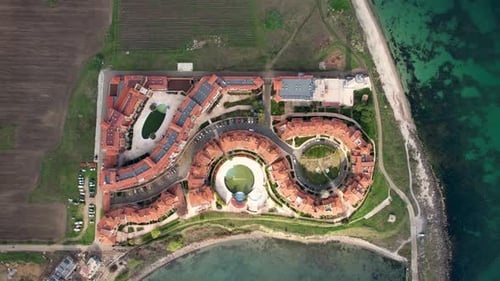 Aerial view of lighthouse and marina, Bulgaria.