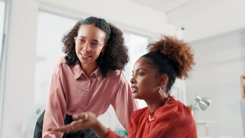 Business, women or technology with training in office for website design