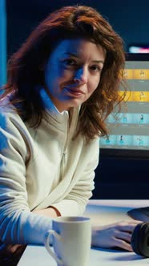 Woman Smiling at Desk in Dark Workplace