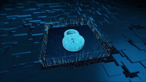 3D blue security Key logo and particles with circuit board on 3d abstract background concept