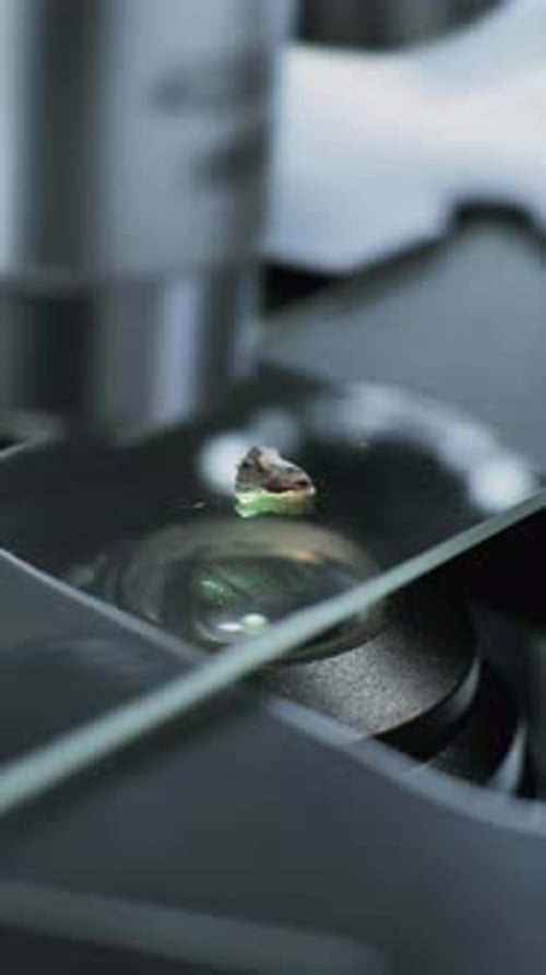 Foto aproximada de microbiologista analisando espécimes fósseis em lâmina de vidro sob microscópio