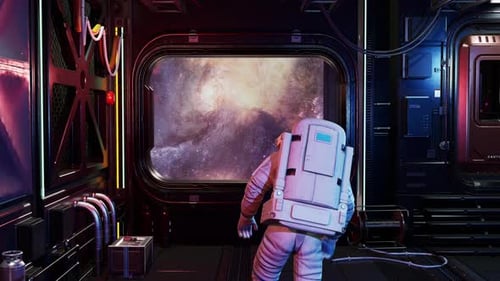 Un astronaute marche dans un couloir spatial futuriste en regardant la Terre et les étoiles. Animation 3D
