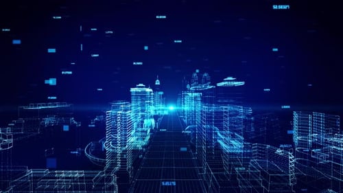 Ciudad inteligente digital 3D de alta tecnología, futurista, vuelo aéreo a la ciudad