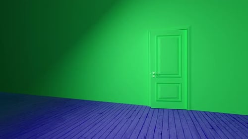 Porta verde se abrindo em um quarto escuro