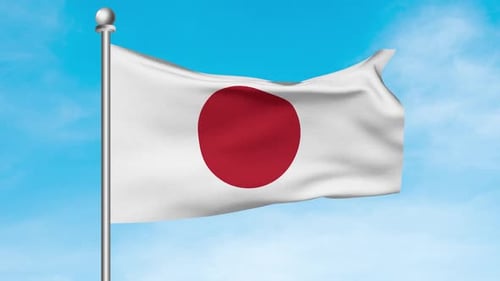 Realistic Japan Flag Waving in the Wind Against Blue Sky