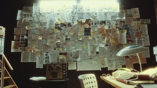 Bureau de détective rétro avec panneau de preuves sur le mur pendant la nuit