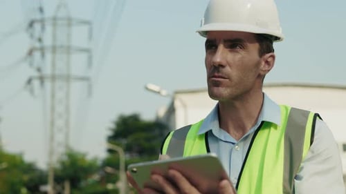 Portrait of Man Engineer Looking Away Making Notes on Tablet