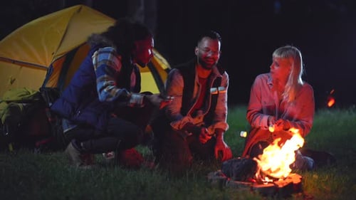 Friends Enjoy Campfire Marshmallows and Camping at Night