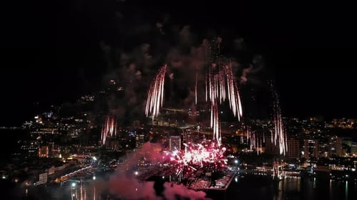 Fireworks with Colorful Lights Over Sea