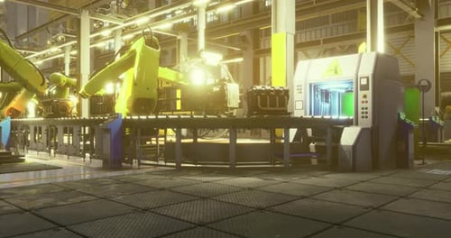 Chaîne d'assemblage robotique de haute technologie fonctionnant dans une installation industrielle moderne