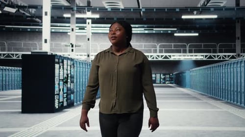 Admin Walking in Data Center Overseeing Large Scale IT Infrastructure