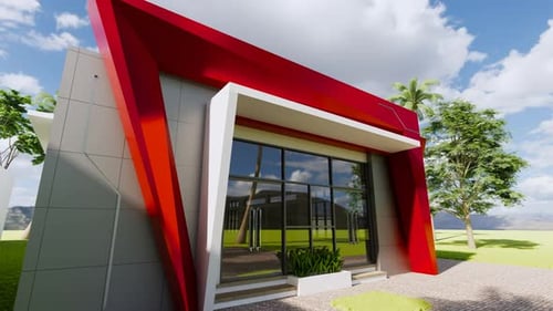 Moderna fachada roja minimalista renderizada en 3D de un edificio de oficinas moderno bajo un cielo despejado