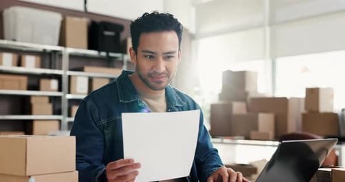 Ecommerce, laptop or seller in office with paper, delivery or inspection report in supply chain