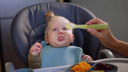 Baby Being Fed Food from Spoon in Highchair