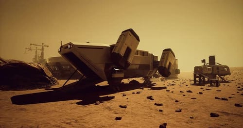 Futuristic Space Colony with Exploration Vehicles on Alien Planet Surface