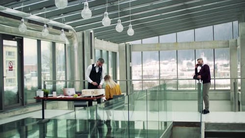 Architects discuss house model in bright modern office space