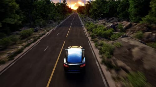 3D render of generic electric car drives on a Road with wind turbines in the background