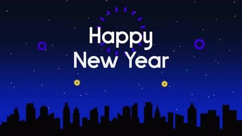 City silhouette background with animated fireworks celebrating new year. In the blue night sky