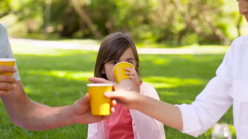 Happy family drinking juice together in the park