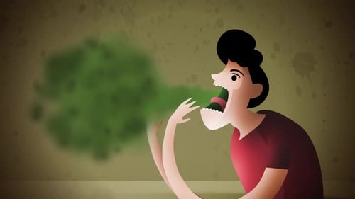 Cartoon Man Expelling Green Breath Cloud