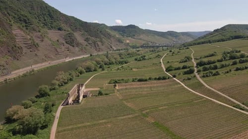 Aerial Flyover Kloster Ruine Stuben Looking Onto The Vineyards Surrounding