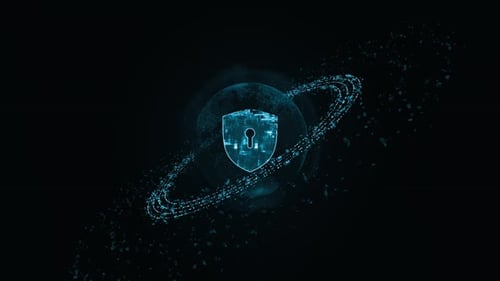 Blue security shield logo with particle ring circle rotation and earth with ai technology icons
