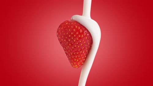 Strawberry Covered in Cream on Red Background