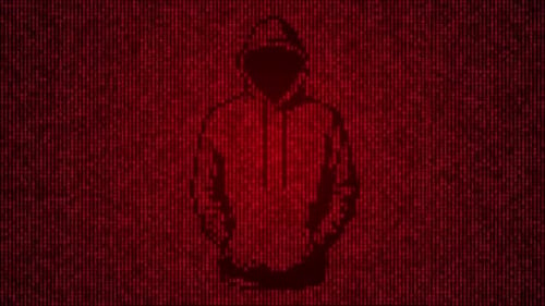 Silhouette de hacker numérique rouge en boucle sur fond de matrice de code binaire.