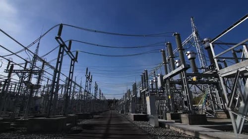 Camera Turns Among Switchgears at Electricity Substation