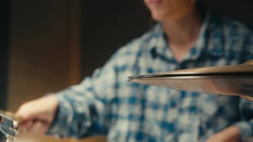 Expressive Drummer Young Woman Playing on Dums in Studio Room Closeup Rock Metall Music Artist