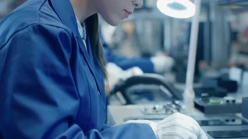 Ouvrières d'une usine électronique en blouse de travail bleue et lunettes de protection assemblant un cercle imprimé