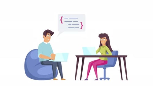 Programadores que trabajan en un centro de coworking 2D Motion Graphics 4K