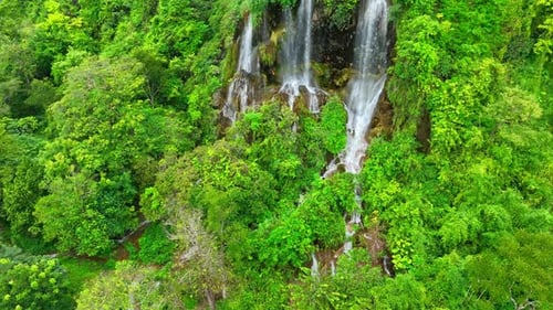 Beautiful waterfall in a tropical forest by aerial view from a drone.