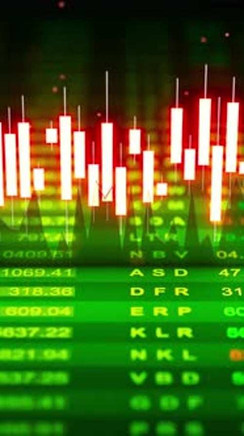 Seamless 3D loop of glowing candlestick graphs with upward indicators.