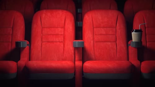 Cinema seats rows with plastic cup of coffee. 3d animation