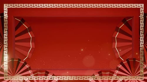 Chinese New Year Gold Frame and Red Fans Celebration Background