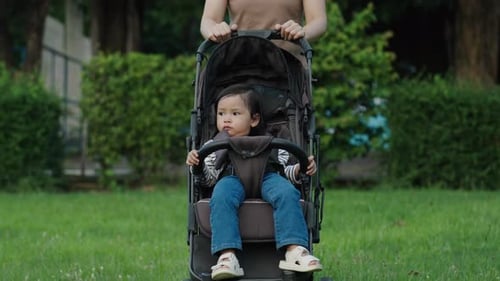 mother pushing toddler baby stroller and walking in the park